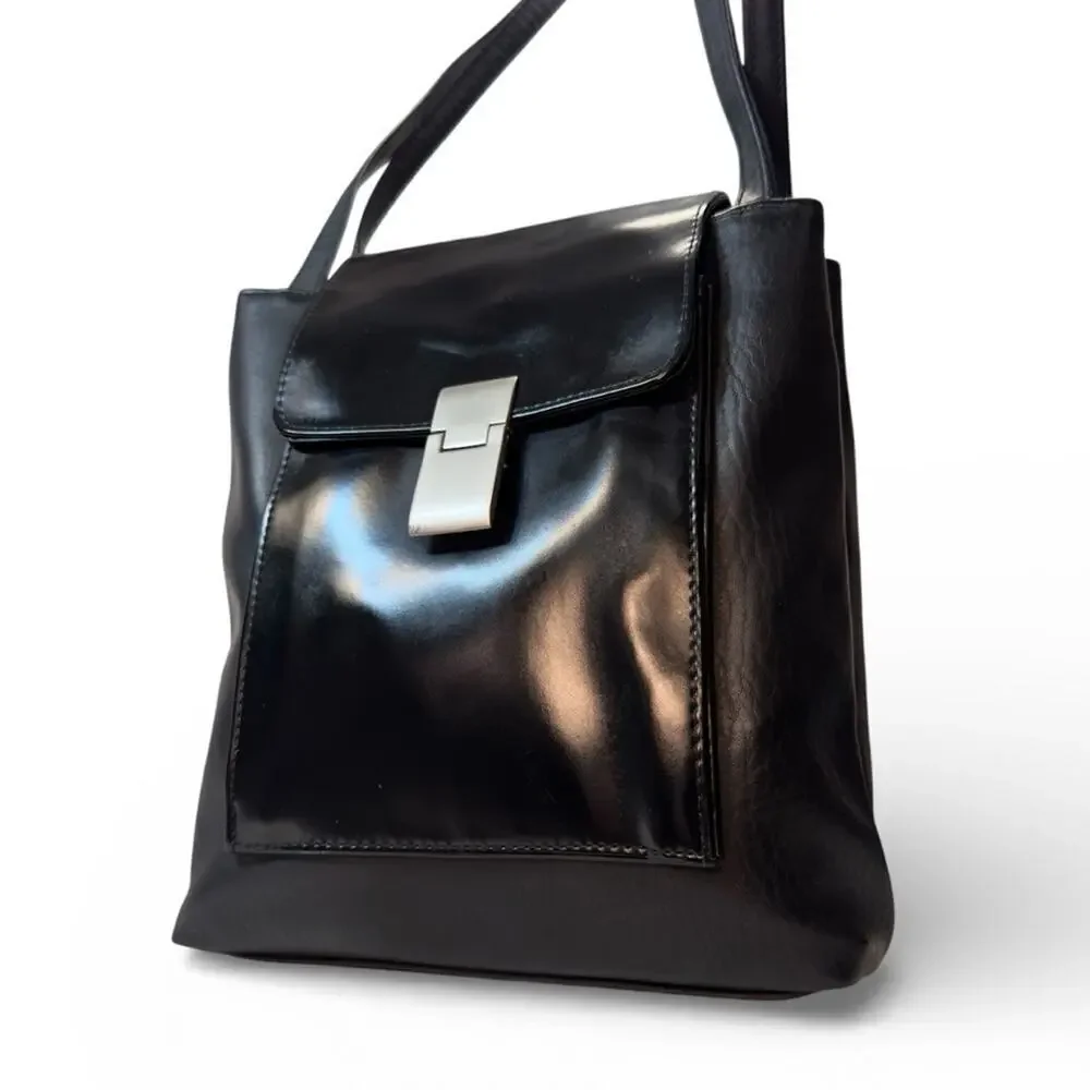 Faux Leather Sleek Black Shoulder Bag Silver Hardware